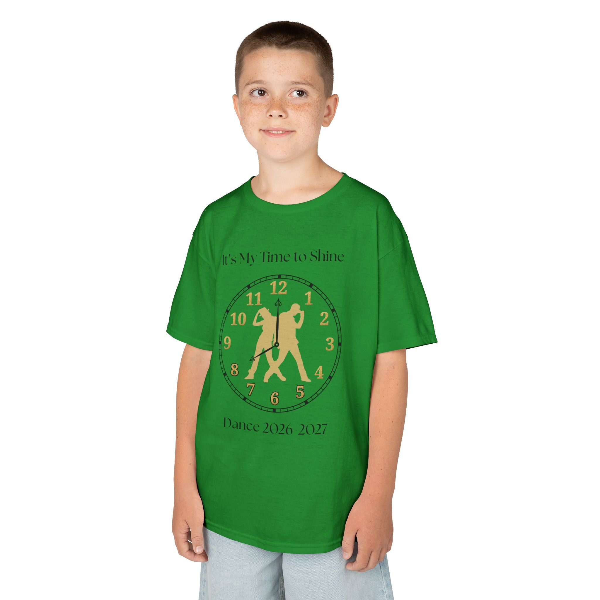 Young boy wearing a youth Gildan 5000B heavy cotton t-shirt in irish green with an It's My Time to Shine Hip Hop 2026-2027 theme