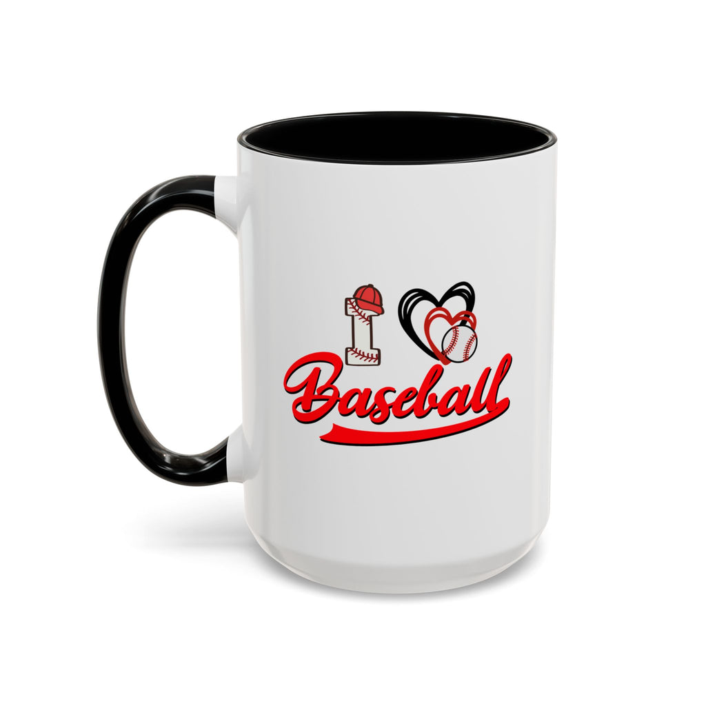 15oz white ceramic I Love Baseball mug with black handle and interior Left handed view