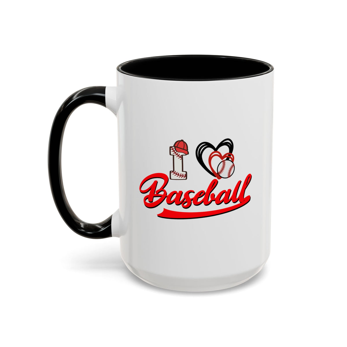 15oz white ceramic I Love Baseball mug with black handle and interior Left handed view