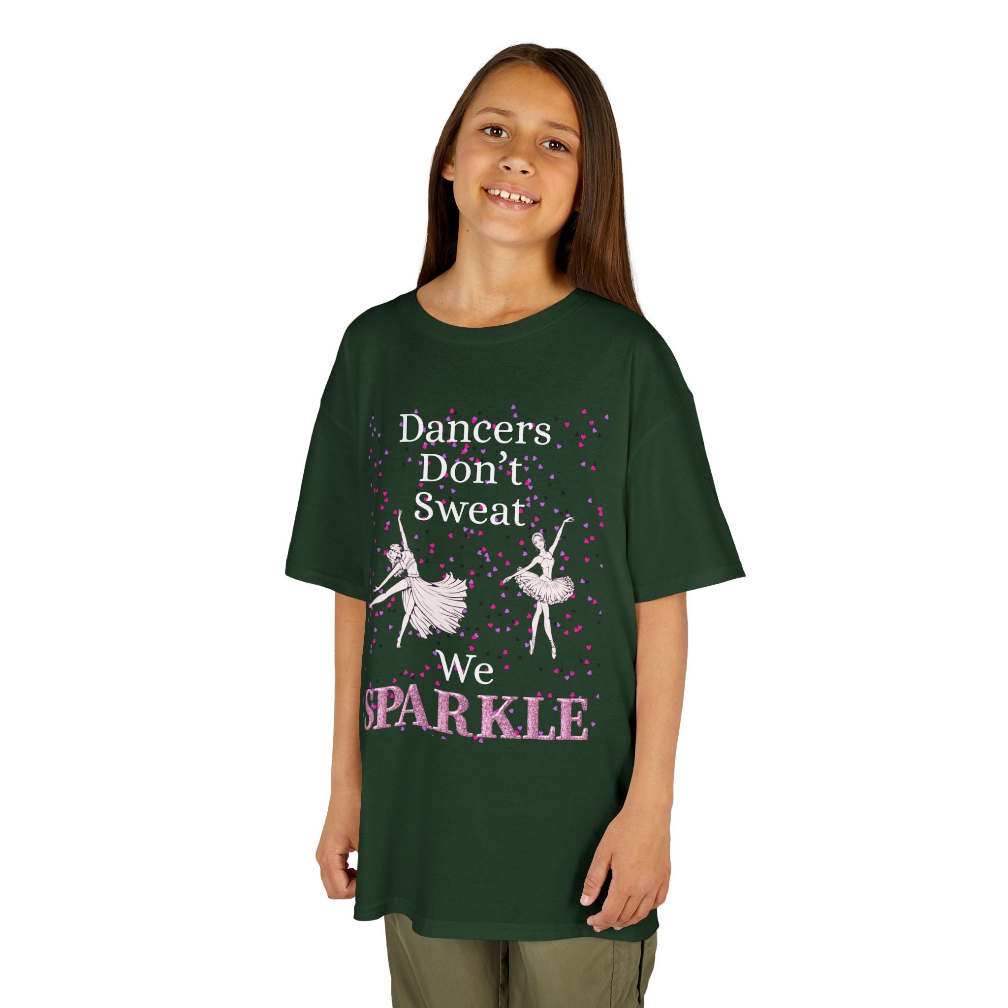 Young girl wearing a youth Gildan 5000B heavy cotton t-shirt in forest green with a Dancer's Don't Sweat We Sparkle text and graphic