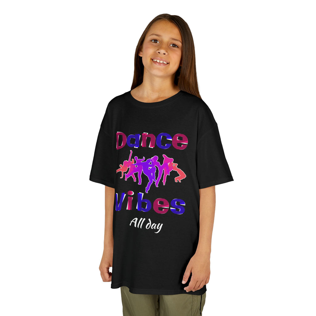 Young girl wearing a youth Gildan 5000B heavy cotton t-shirt in black with a Dance Vibes All Day text and graphic