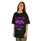 Young girl wearing a youth Gildan 5000B heavy cotton t-shirt in black with a Dance Vibes All Day text and graphic