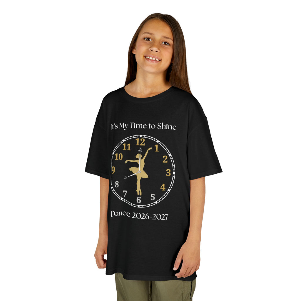 Young girl wearing a youth Gildan 5000B heavy cotton t-shirt in black with a Ballet Dance 2026-2027 
