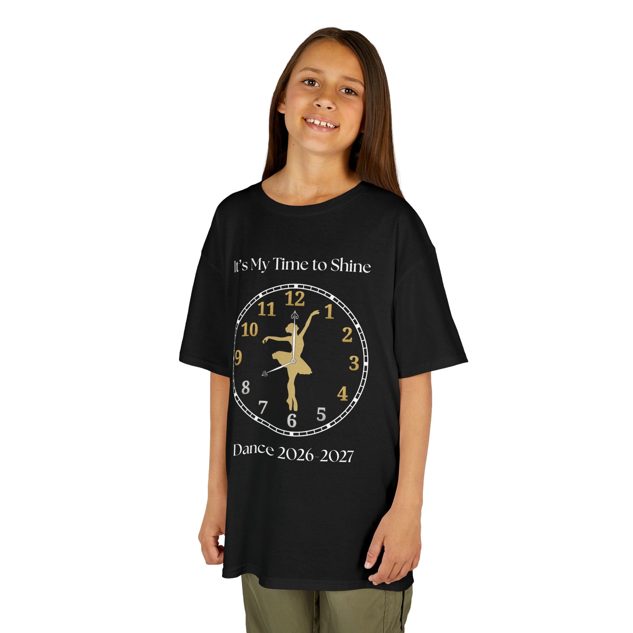 Young girl wearing a youth Gildan 5000B heavy cotton t-shirt in black with a Ballet Dance 2026-2027 