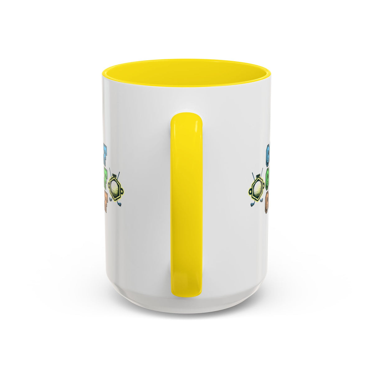 15oz white ceramic Golf mug with yellow handle and interior Handle view