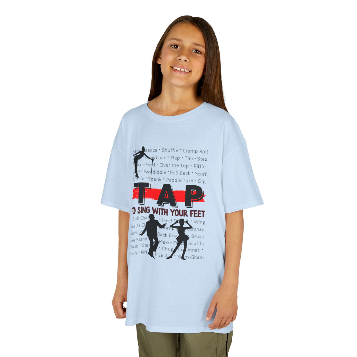 Young girl wearing a youth Gildan 5000B heavy cotton t-shirt in light blue with a Tap text and design