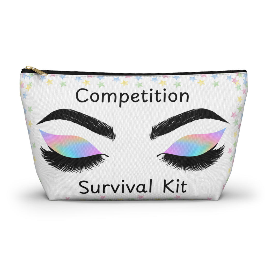 Makeup bag featuring eyes with rainbow eyeshadow and pastel stars labeled Competition Survival Kit black zipper