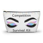 Makeup bag featuring eyes with rainbow eyeshadow and pastel stars labeled Competition Survival Kit black zipper