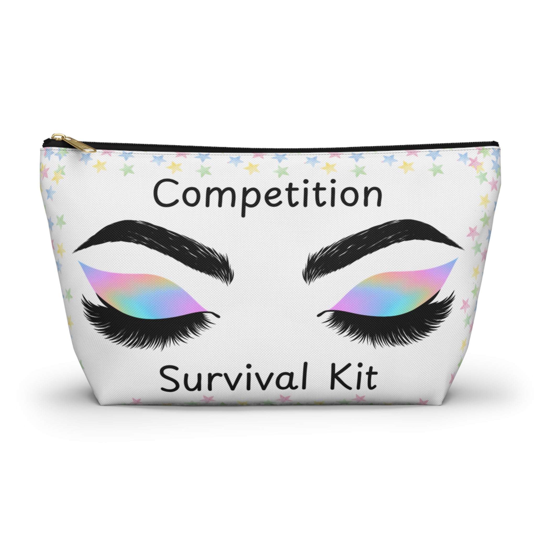 Makeup bag featuring eyes with rainbow eyeshadow and pastel stars labeled Competition Survival Kit black zipper