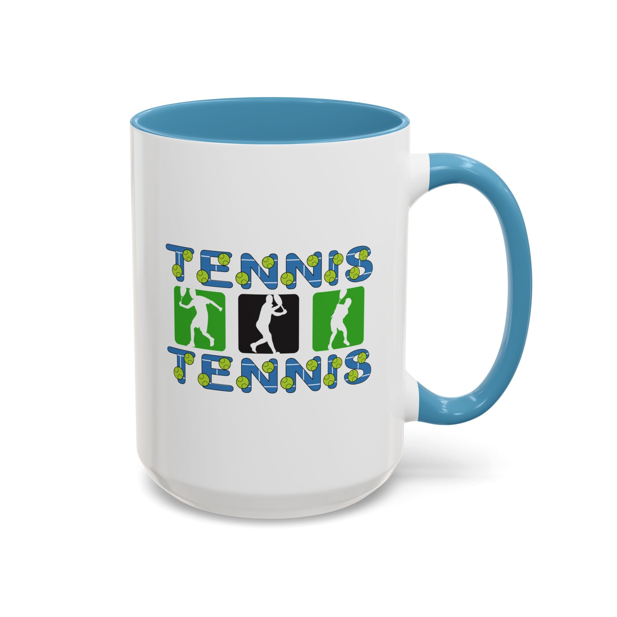15oz white ceramic Tennis mug with light blue handle and interior Right handed view