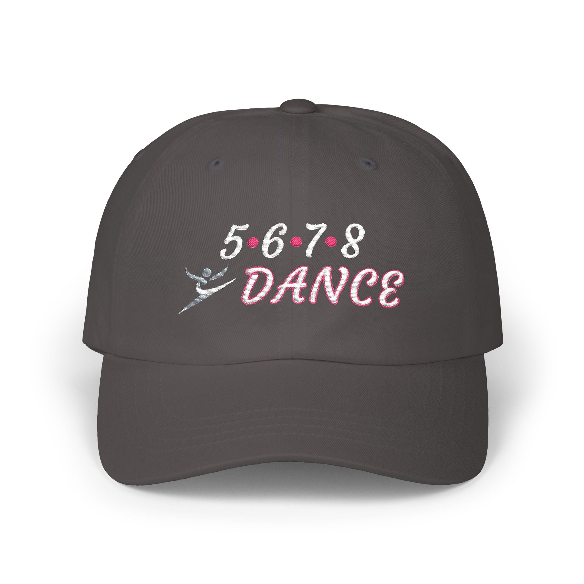 A dark grey baseball cap featuring the text 5-6-7-8 DANCE embroidered on the front, with a small dancer silhouette at the bottom.