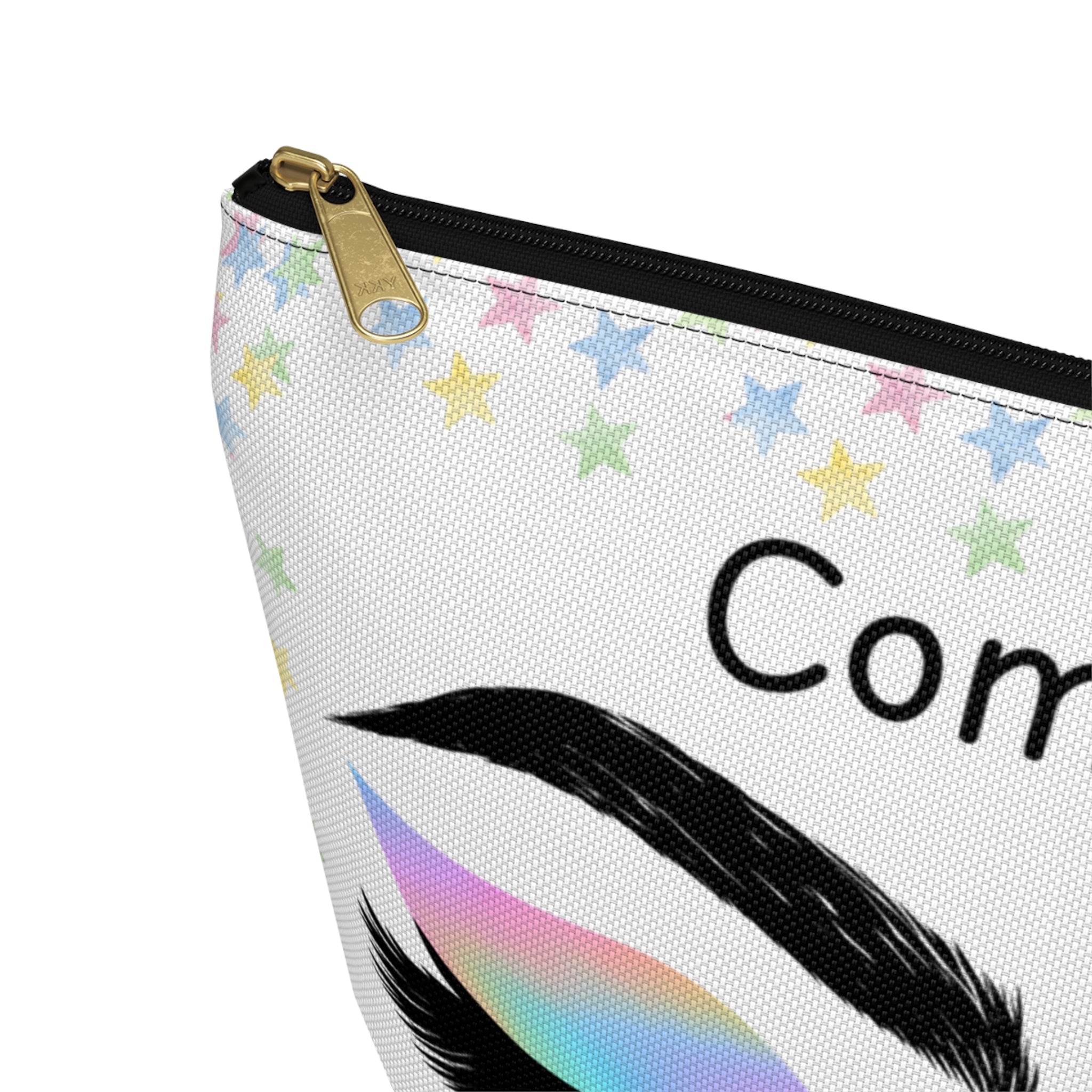 Make up bag with colorful stars on a white background close up view of black zipper