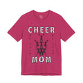 A berry short-sleeve crewneck t-shirt featuring a CHEER GO TEAM MOM graphic on the front. 