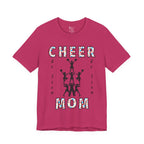 A berry short-sleeve crewneck t-shirt featuring a CHEER GO TEAM MOM graphic on the front. 