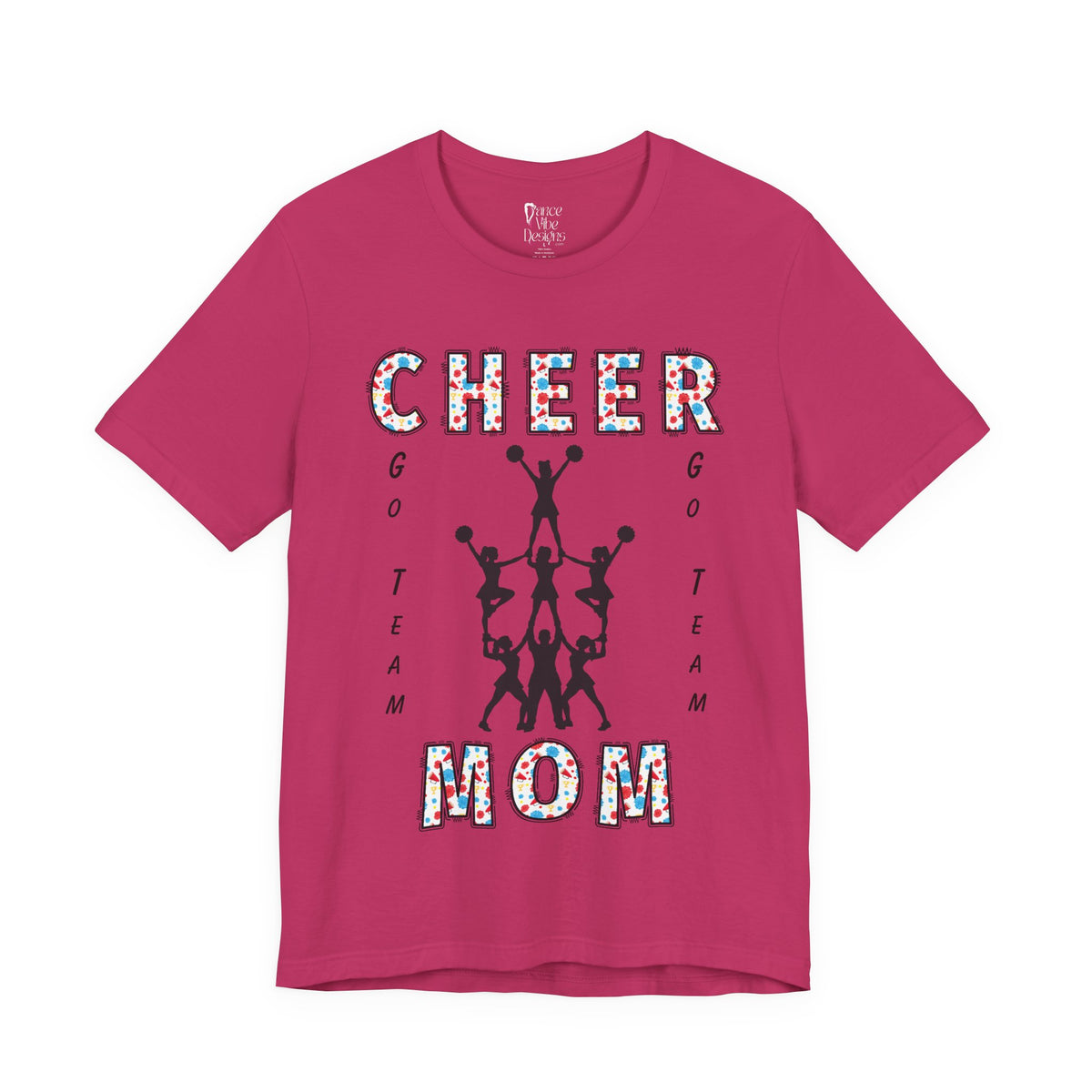 A berry short-sleeve crewneck t-shirt featuring a CHEER GO TEAM MOM graphic on the front. 