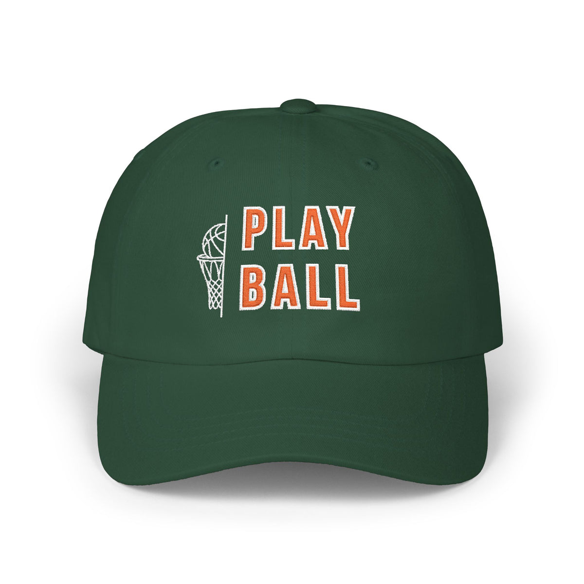 Spruce classic cap featuring an embroidered Play Ball text with basketball graphic.