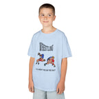 Young boy wearing a youth Gildan 5000B heavy cotton t-shirt in light blue with a Wrestling text and graphic