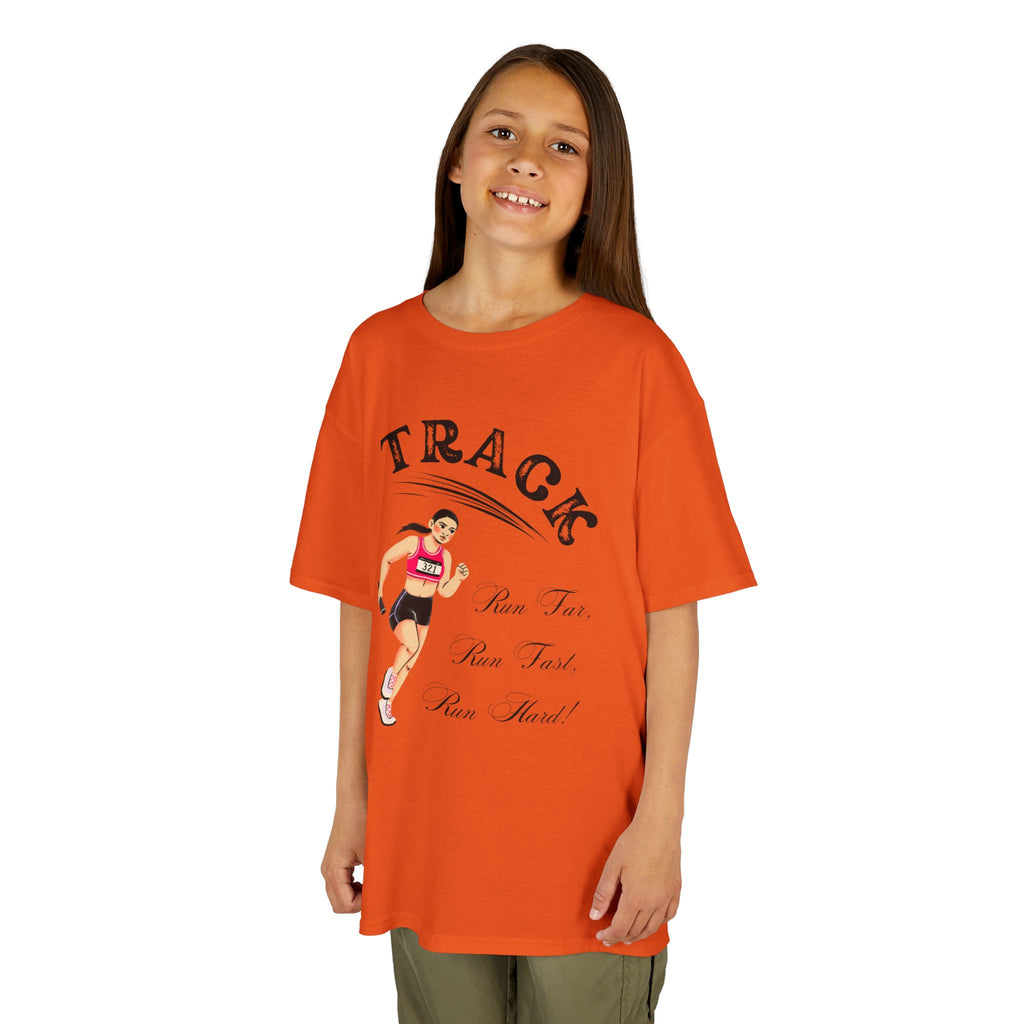 Young girl wearing a youth Gildan 5000B heavy cotton t-shirt in orange showing a girl running Track