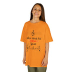 Young girl wearing a youth Gildan 5000B heavy cotton t-shirt in tennessee orange with a Where Words Fail Music Speaks text and graphic