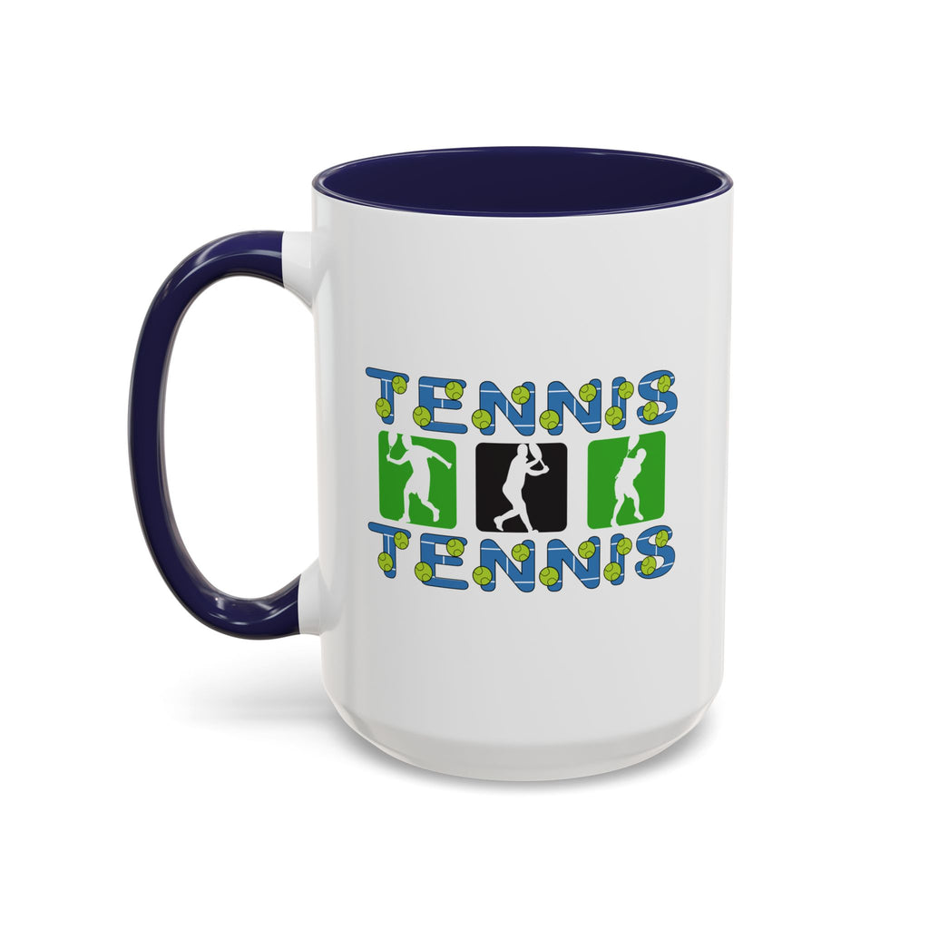 15oz white ceramic Tennis mug with navy handle and interior Left handed view