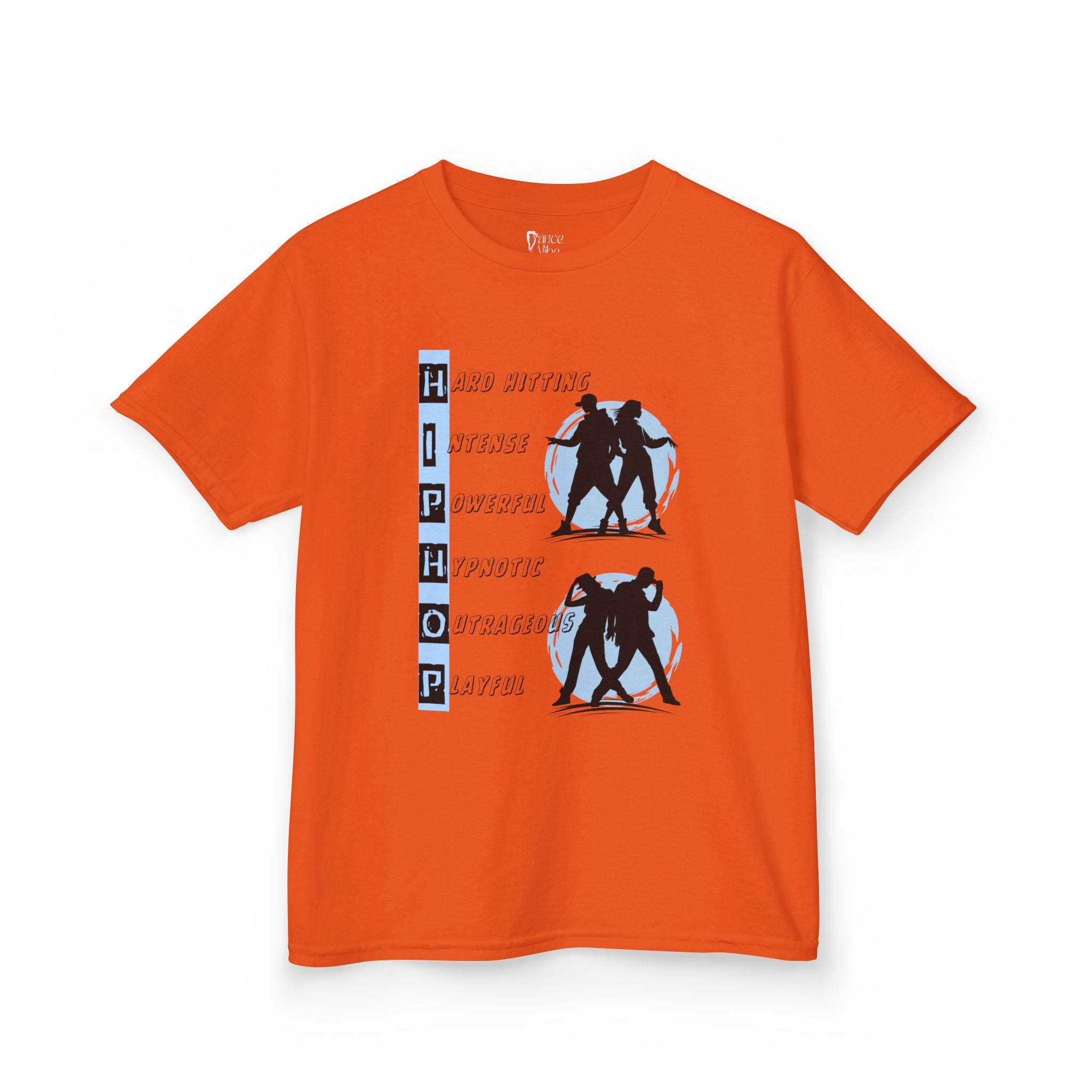 Front view of a youth Gildan 5000B heavy cotton t-shirt in orange with dancing Hip Hop Couples