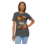A woman wearing a charcoal short-sleeve t-shirt with a colorful Thanksgiving graphic featuring cartoon turkeys and the text GOBBLE TIL YOU WOBBLE.