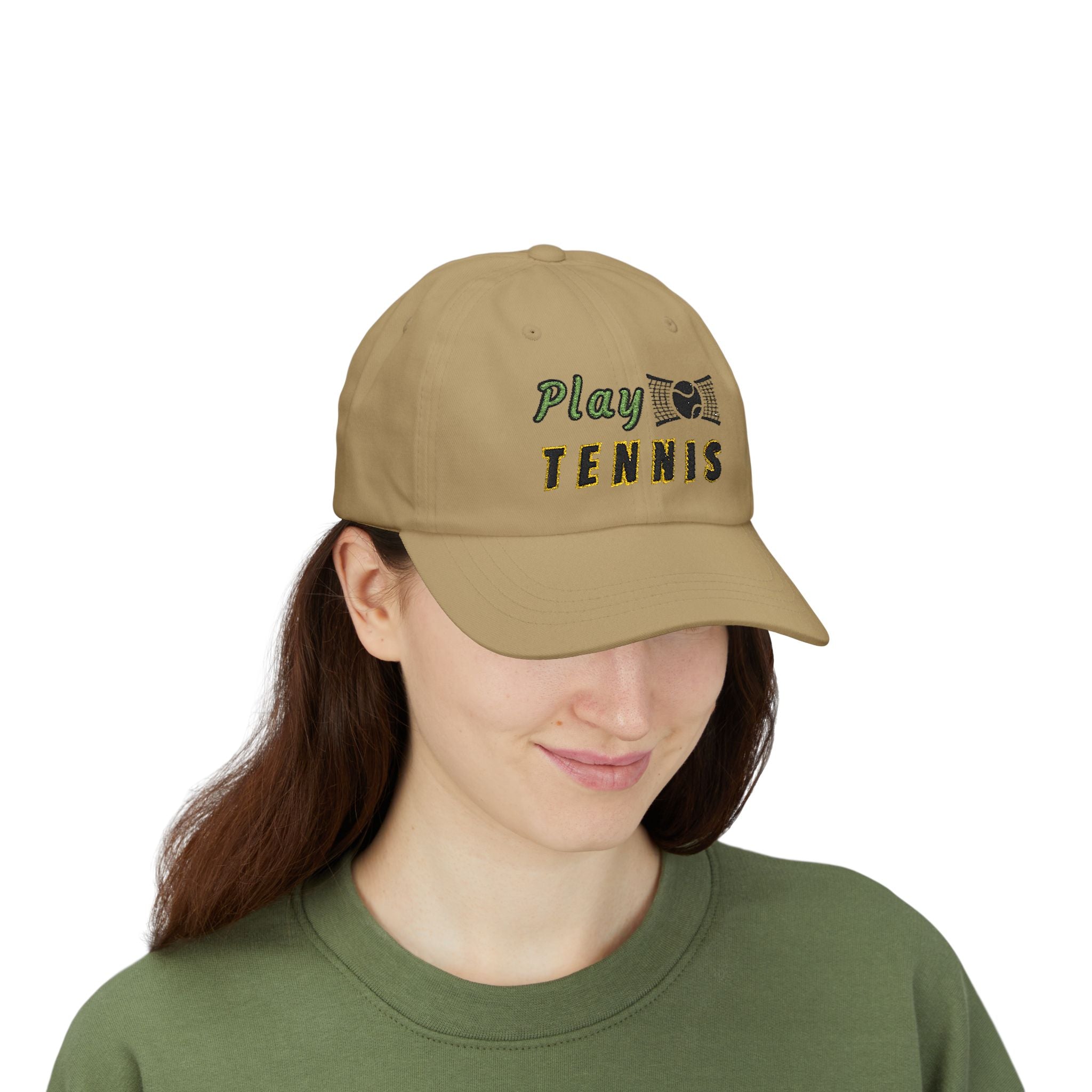Woman wearing a Khaki embroidered classic dad cap hat with a Play Tennis text and graphic