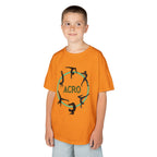 Young boy wearing a youth Gildan 5000B heavy cotton t-shirt in tennessee orange with an Acro Gymnastics theme