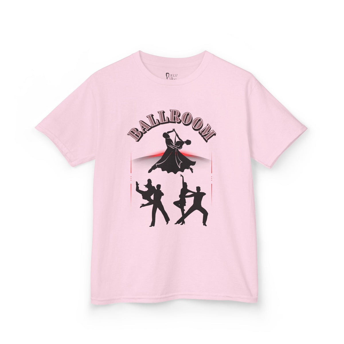 Front view of a youth Gildan 5000B heavy cotton t-shirt in light pink with a Ballroom Dance Couples theme