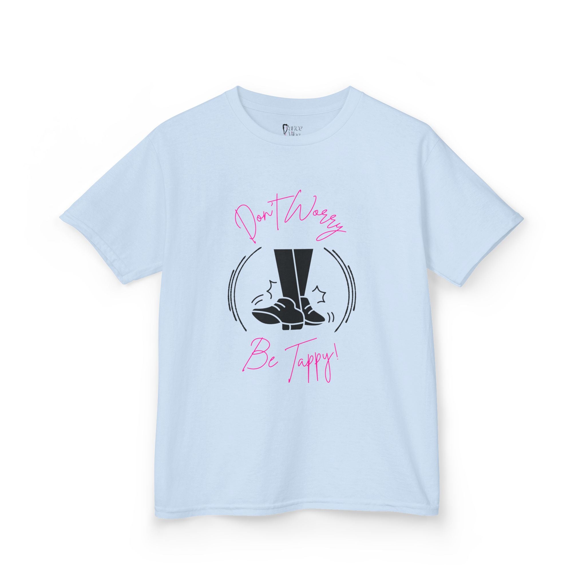 Front view of a youth Gildan 5000B heavy cotton t-shirt in light blue with a Don't Worry Be Tappy Tap Shoe design