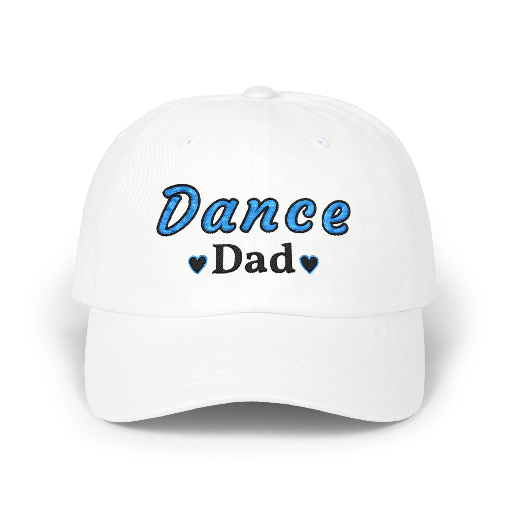 A white baseball cap with Dance Dad embroidered on the front.