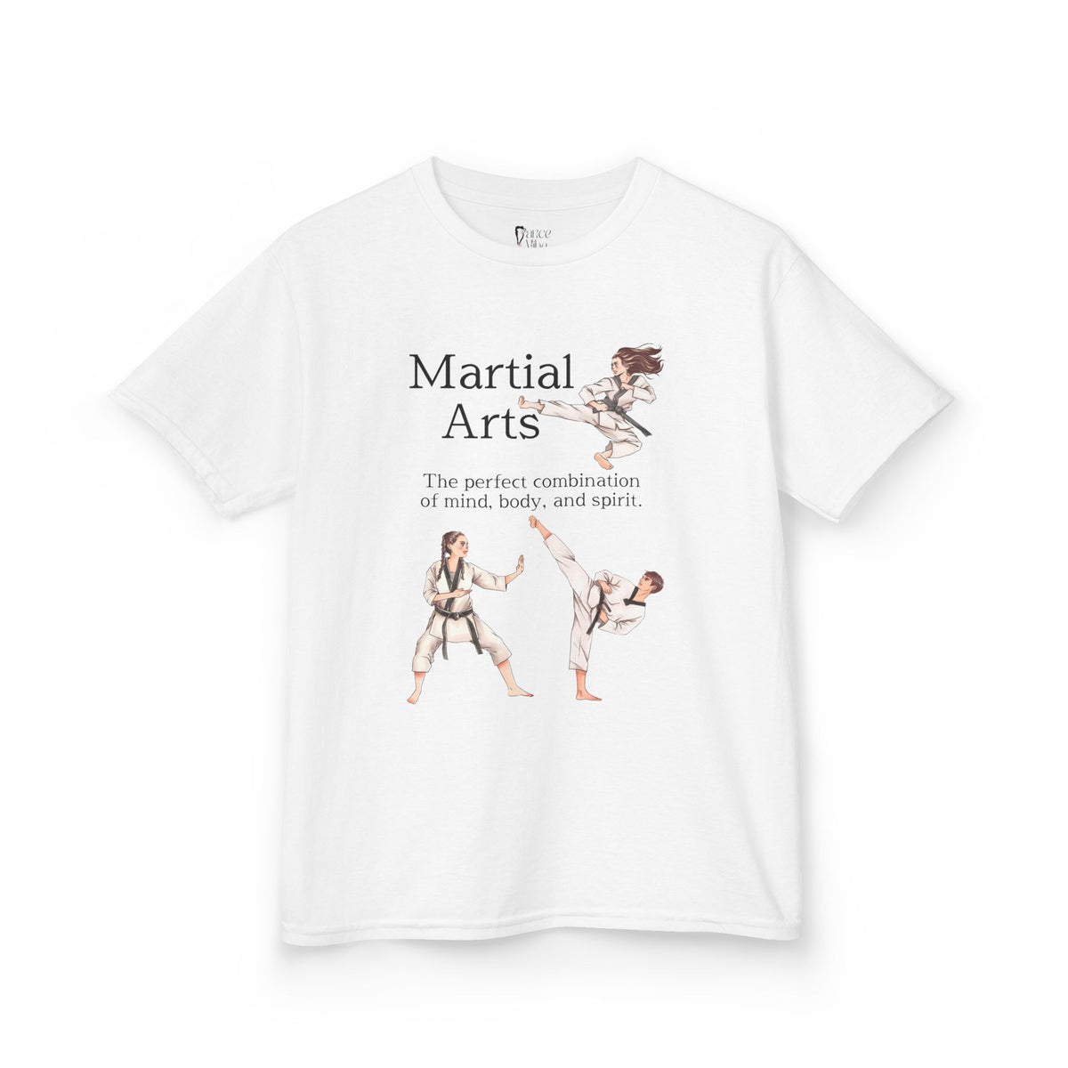 Front view of a youth Gildan 5000B heavy cotton t-shirt in white with a Martial Arts text and graphic