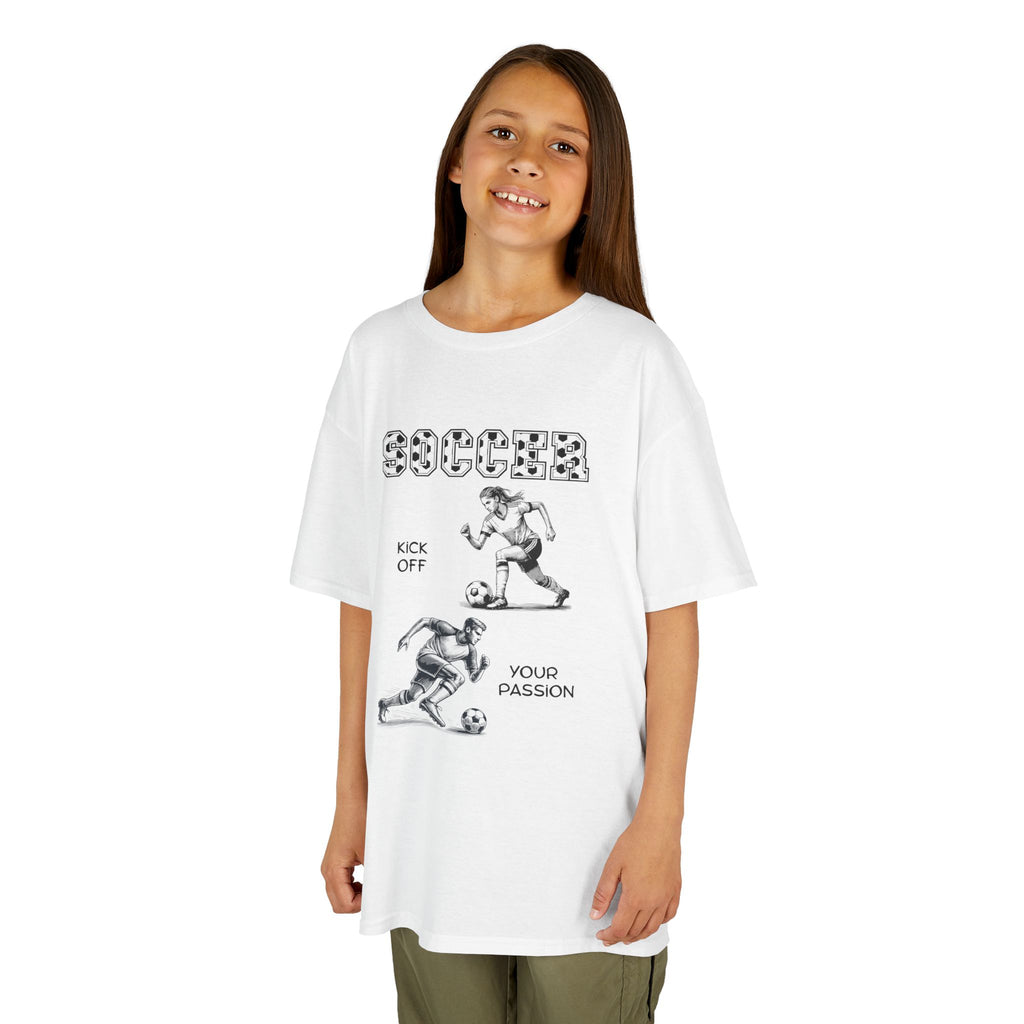 Young girl wearing a youth Gildan 5000B heavy cotton t-shirt in white with a Soccer text and graphic