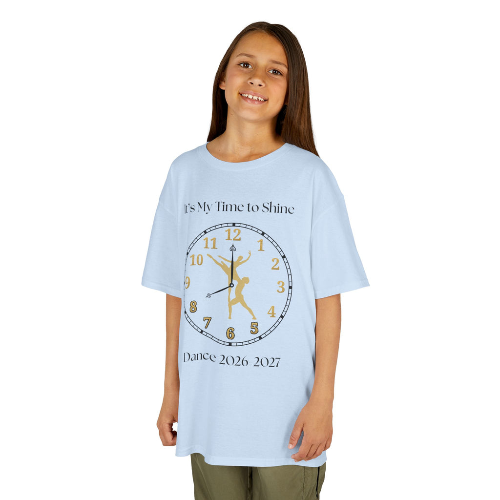Young girl wearing a youth Gildan 5000B heavy cotton t-shirt in light blue with a Ballet Couple 2026-2027 design