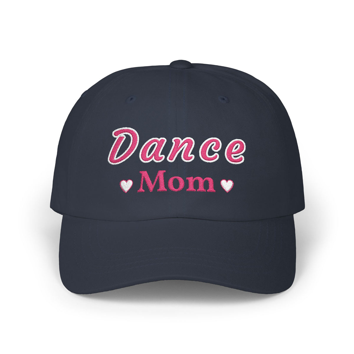 Navy embroidered classic dad cap hat with a Dance Mom text and graphic Front view