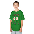 Young boy wearing a youth Gildan 5000B heavy cotton t-shirt in irish green with a Halloween Dance Party theme