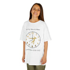 Young girl wearing a youth Gildan 5000B heavy cotton t-shirt in white with an It's My Time to Shine Gymnastics 2026-2027 theme