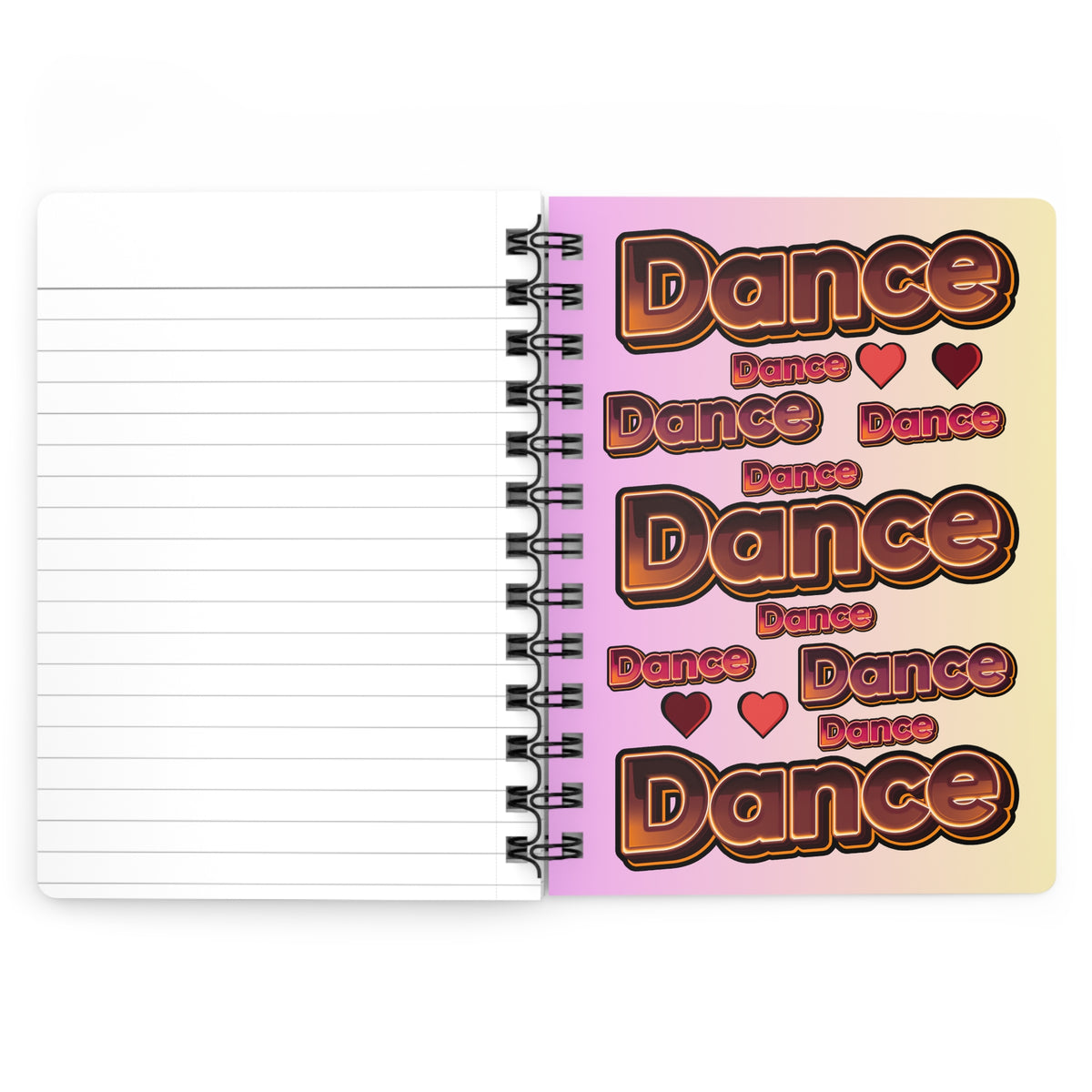 A spiral-bound lined notebook shown open, with the left page blank and lined and the right cover featuring repeated retro-style 'Dance' text in brown, pink, and cream tones.