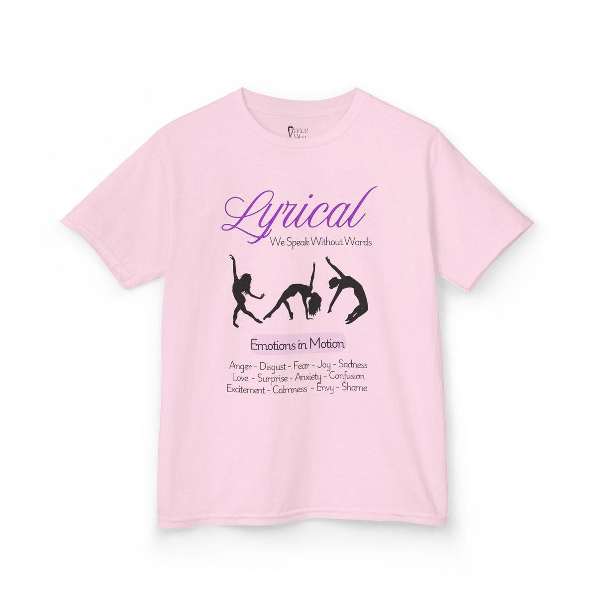 Front view of a youth Gildan 5000B heavy cotton t-shirt in light pink with a Lyrical Dance graphic and text