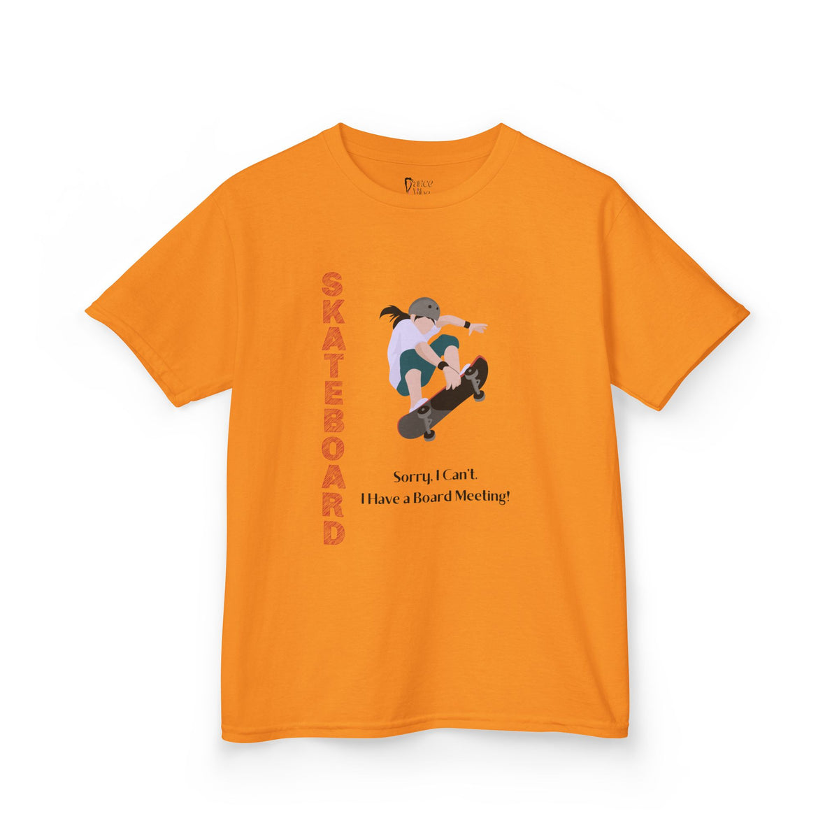 Front view of a youth Gildan 5000B heavy cotton t-shirt in tennessee orange featuring a girl Skateboarding