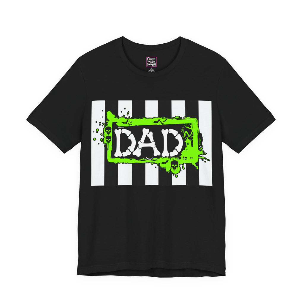Front view of a Beetlejuice inspired Halloween DAD shirt in black.