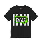 Front view of a Beetlejuice inspired Halloween DAD shirt in black.