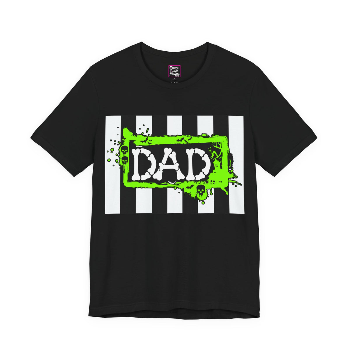 Front view of a Beetlejuice inspired Halloween DAD shirt in black.