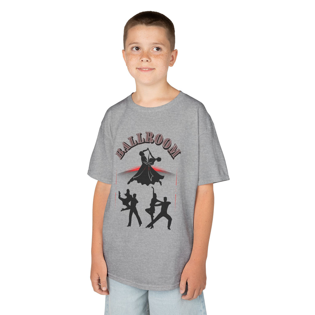 Young boy wearing a youth Gildan 5000B heavy cotton t-shirt in sport grey with a Ballroom Dance Couples theme