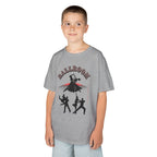 Young boy wearing a youth Gildan 5000B heavy cotton t-shirt in sport grey with a Ballroom Dance Couples theme