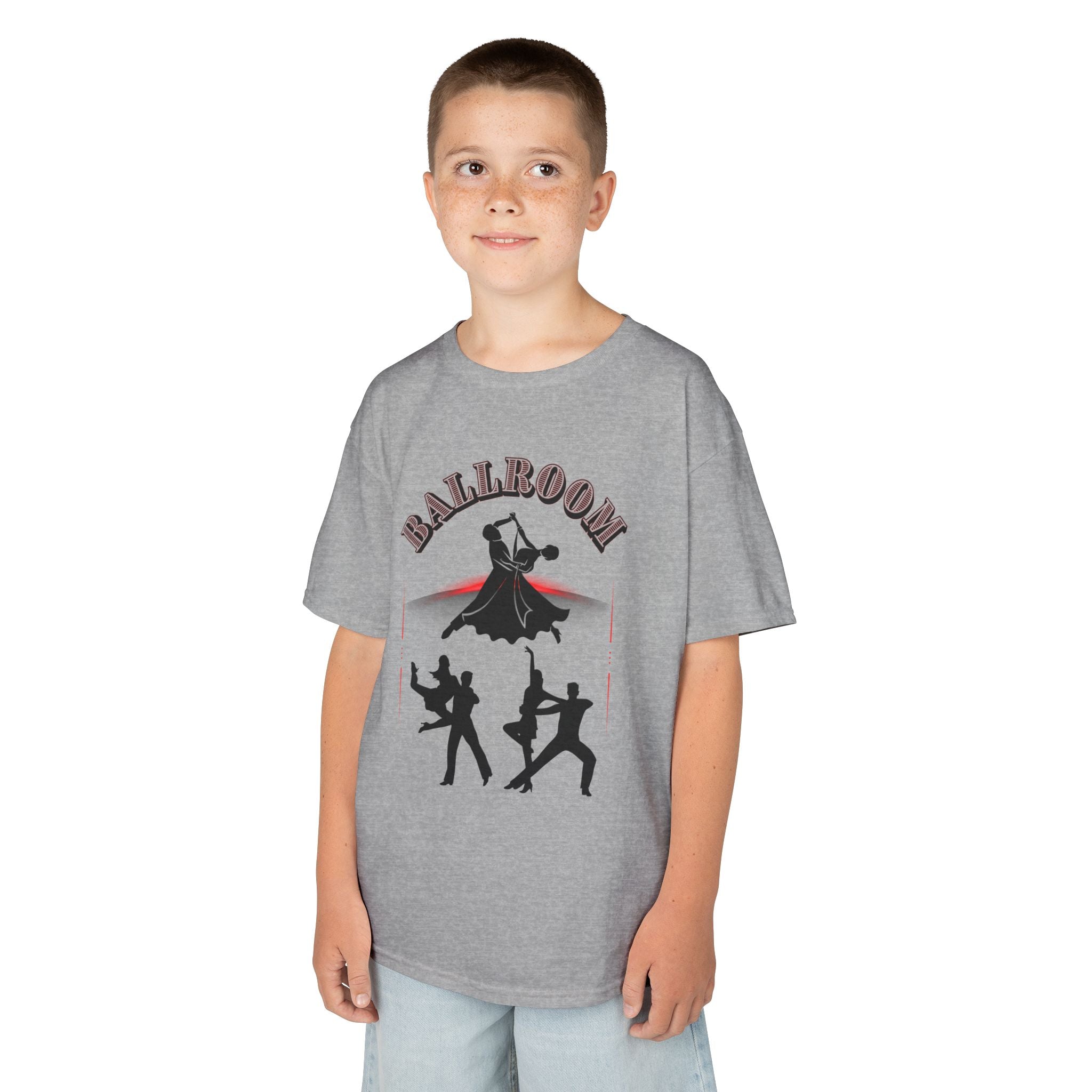 Young boy wearing a youth Gildan 5000B heavy cotton t-shirt in sport grey with a Ballroom Dance Couples theme