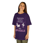 Young girl wearing a youth Gildan 5000B heavy cotton t-shirt in purple with a Dancer's Don't Sweat We Sparkle text and graphic