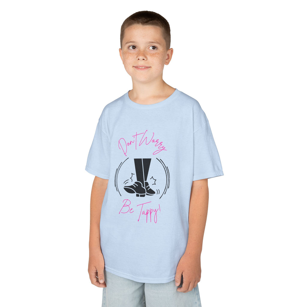 Young boy wearing a youth Gildan 5000B heavy cotton t-shirt in light blue with a Don't Worry Be Tappy Tap Shoe design