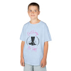 Young boy wearing a youth Gildan 5000B heavy cotton t-shirt in light blue with a Don't Worry Be Tappy Tap Shoe design