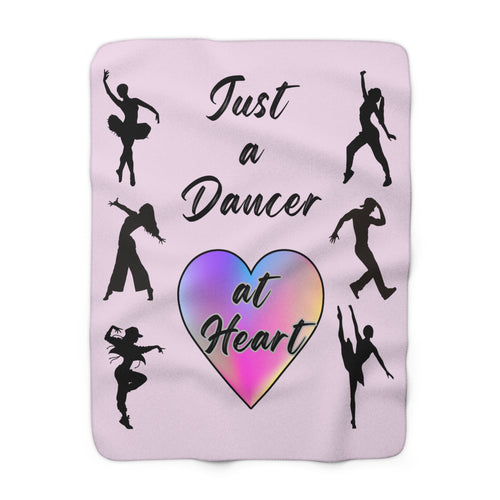 Pink sherpa fleece throw blanket featuring Just a Dancer at Heart text with rainbow heart and dancer graphics Size 50x60